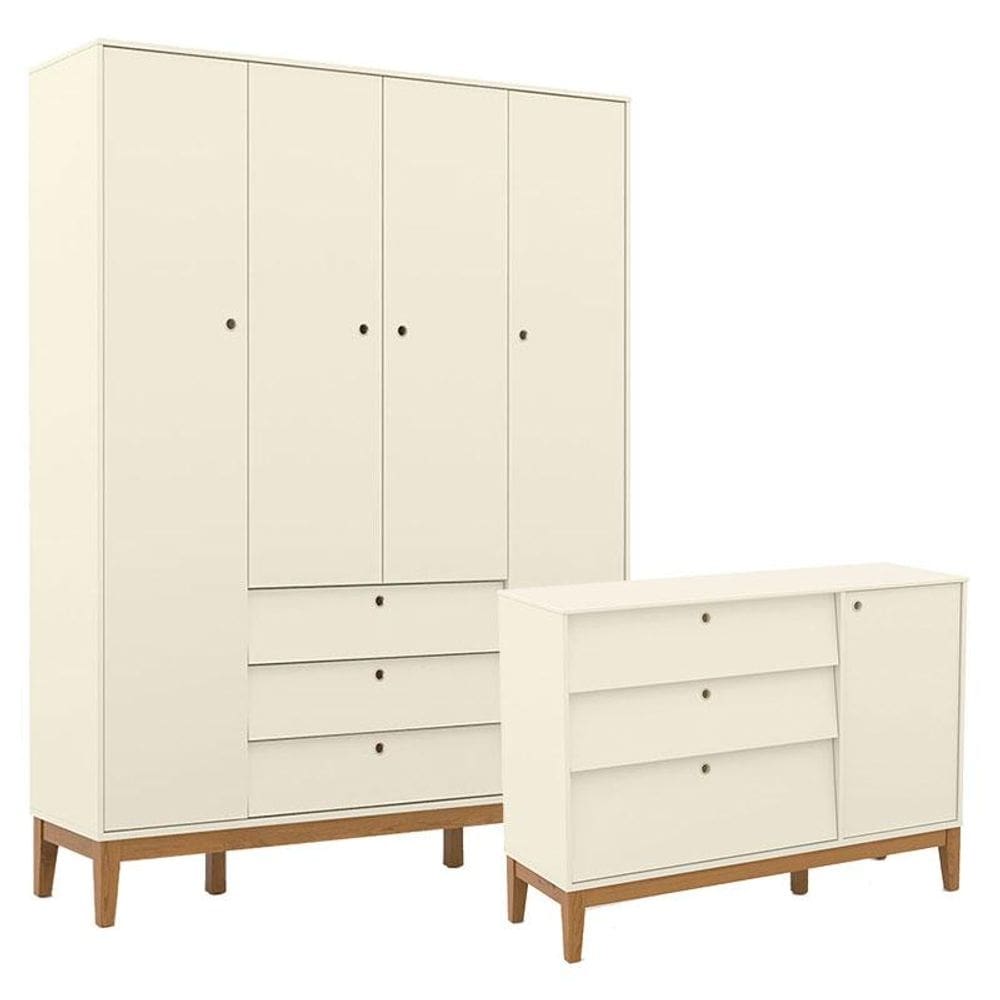 Cômoda Sapateira e Guarda Roupa Unique 4 Portas Off White Eco Wood - Matic