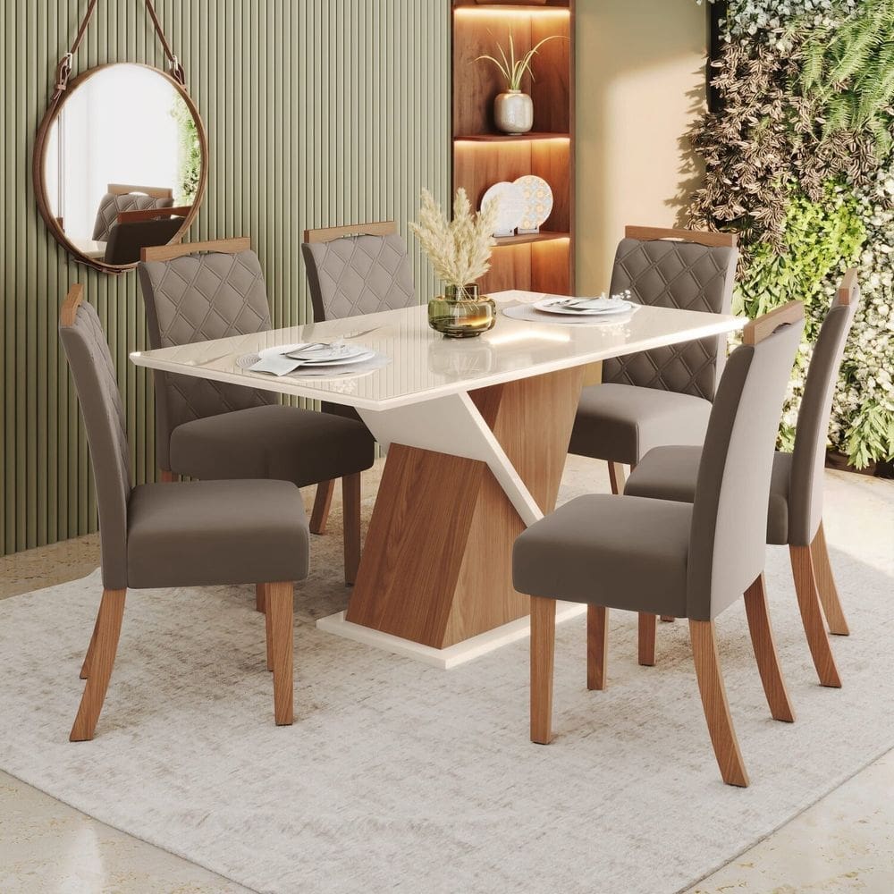 Sala de Jantar Carla Mesa 160 Cm Canto Reto com Vidro 6 Cadeiras Espresso Móveis Marrom/Off White/Marrom Amêndoa