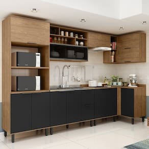 Cozinha Modulada Toscana 7 Peças Mdf com Aéreo 1200 Porta de Vidro Basculante e Armários Canto Freijó/Nero