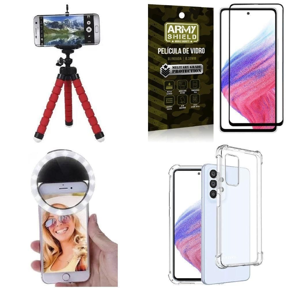 Capa samsung a53 + tripé flex + flash ring + película 3d