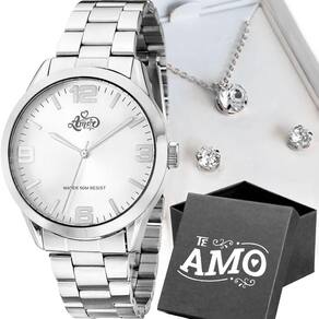 Relogio Feminino Prata Aço Inox + Caixa + Pulseira + Colar