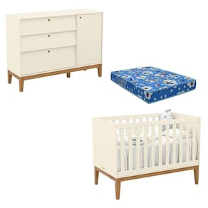 Berço Americano e Cômoda Sapateira Unique Off White Eco Wood com Colchão Ortobom - Matic