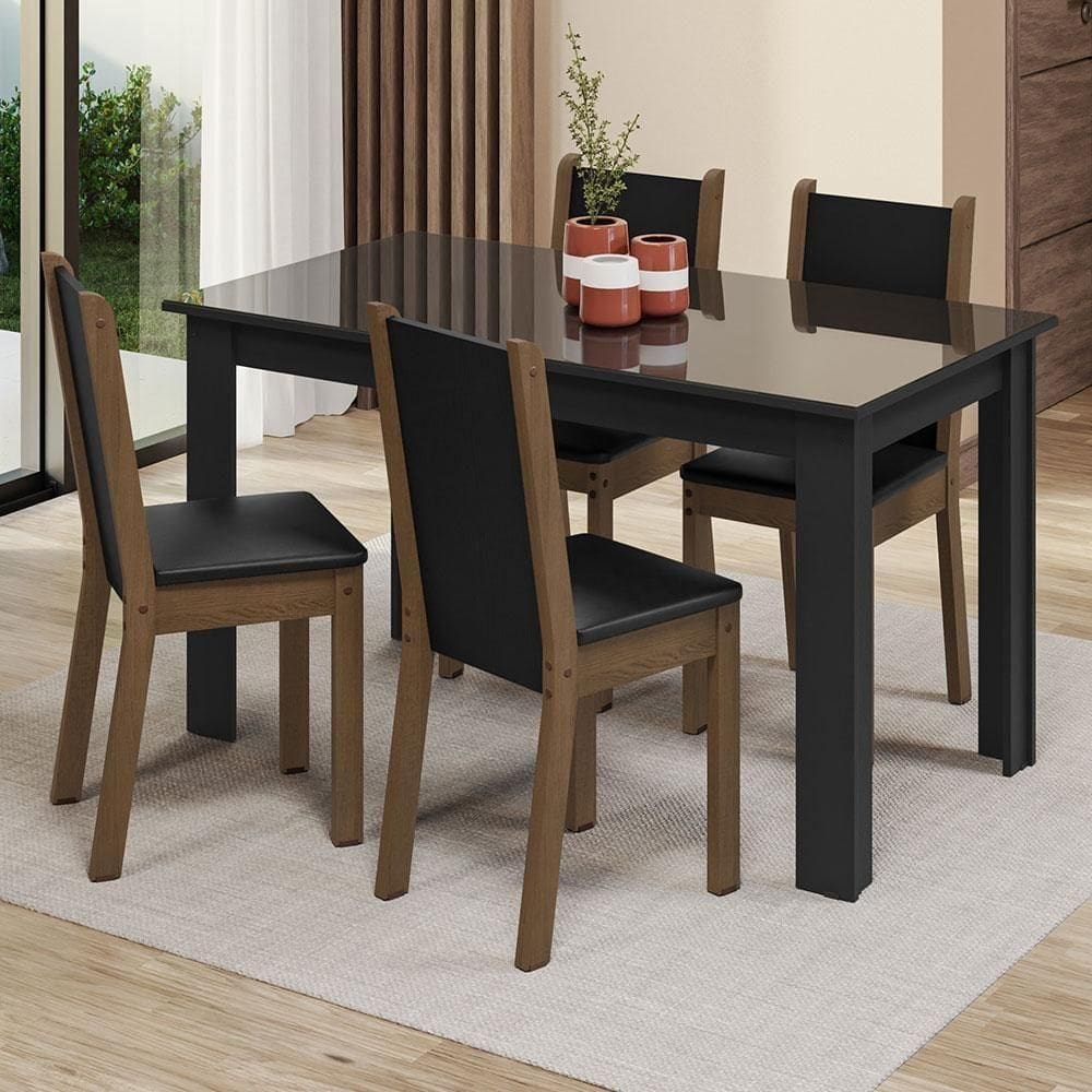 Conjunto Sala De Jantar Mesa Tampo De Vidro 4 Cadeiras Suzy Madesa Preto/rustic