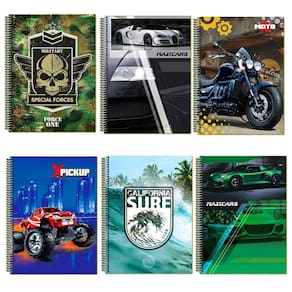 Kit 6 caderno estampa diferente 96 fls reforçado capa dura