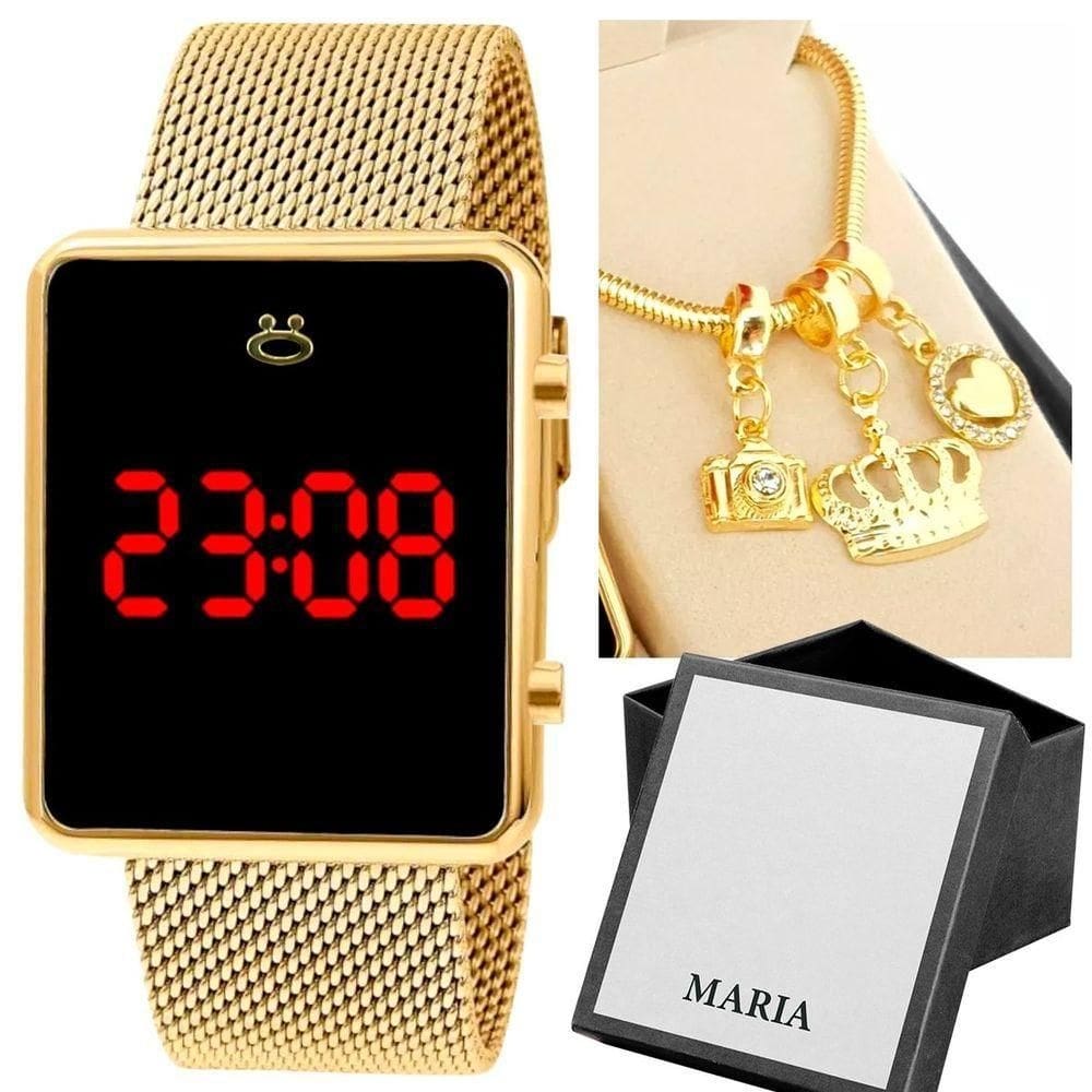 Relogio Digital Feminino Banhado + Caixa + Pulseira Aço Inox Casual Qualidade Premium Social