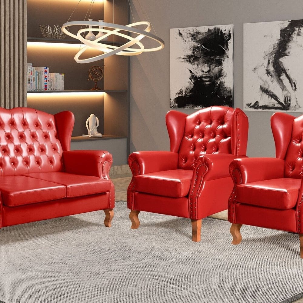 Conjunto Imperador Sofá com Poltronas Chesterfield Decoração Retrô Vintage Vermelho