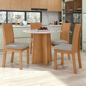 Conjunto Mesa 100cm Celebrare com Vidro e 4 Cadeiras Athenas Amêndoa Clean/Off White/ Capuccino