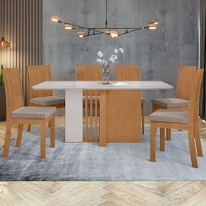 Conjunto Mesa 160cm Astrid com Vidro e 6 Cadeiras Athenas Amêndoa Clean/Off White/Bege