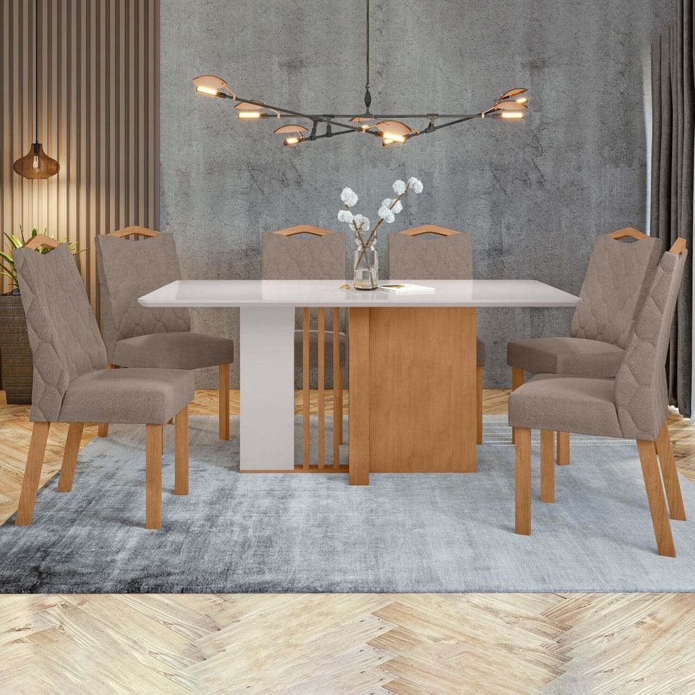Conjunto Mesa 170cm Astrid com Vidro e 6 Cadeiras Vênus Amêndoa Clean/Off White/Animale Bege