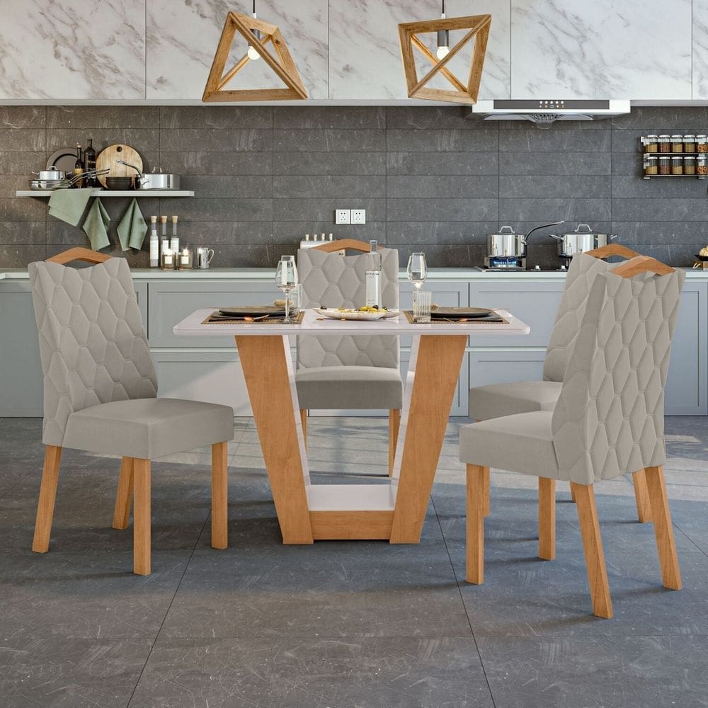 Conjunto Mesa 120cm Apogeu com Vidro e 4 Cadeiras Vênus Amêndoa Clean/Off White/Amêndoa Clean/Liso Capucci