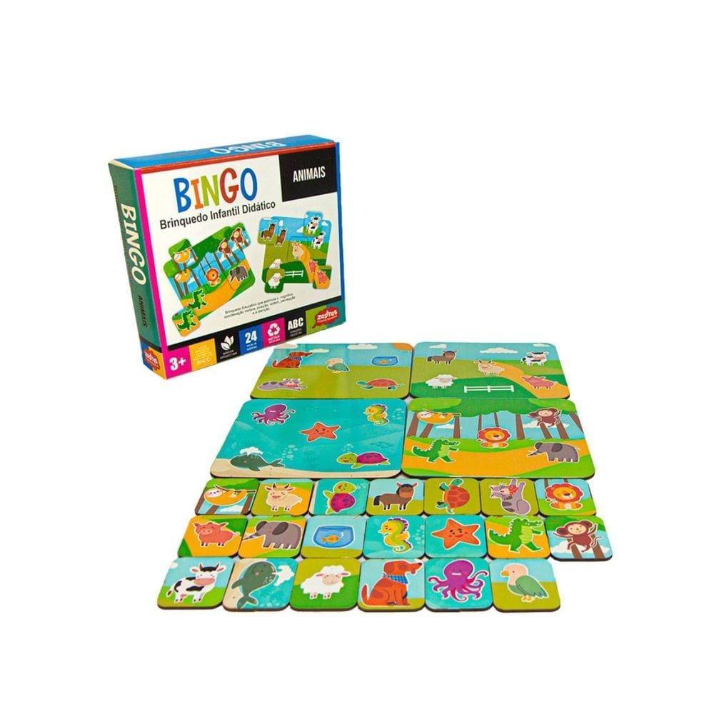 Jogo Infantil de Bingo Animais Educativo Madeira Zastras
