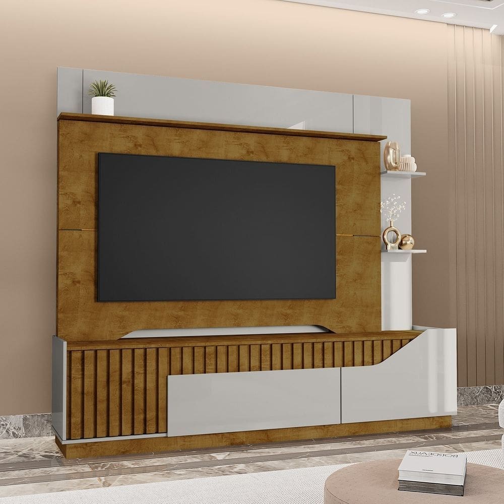 Home Dallas Ripado Real Tvs até 75 Polegadas 1 Gaveta Corrediça Telescópica 2 Portas Naturalle/Off-White