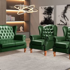 Conjunto Imperador Sofá com Poltronas Chesterfield Decoração Retrô Vintage Verde