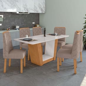 Conjunto Mesa 170cm Apogeu com Vidro e 6 Cadeiras Astrid Amêndoa Clean/Off White/Bege
