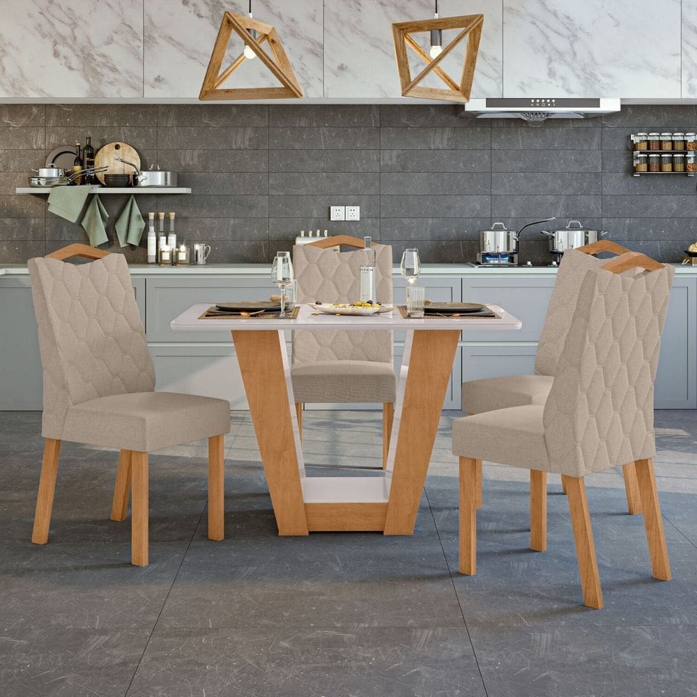 Conjunto Mesa 120cm Apogeu com Vidro e 4 Cadeiras Vênus Amêndoa Clean/Off White/Bege
