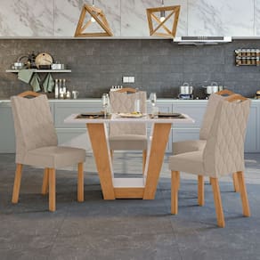 Conjunto Mesa 120cm Apogeu com Vidro e 4 Cadeiras Vênus Amêndoa Clean/Off White/Bege
