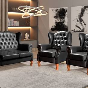 Conjunto Imperador Sofá com Poltronas Chesterfield Decoração Retrô Vintage Preto