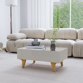 Mesa de Centro Decorativa em Mdf Sena Tampo em Espelho Gaveta com Corrediça Telescópica Off-White