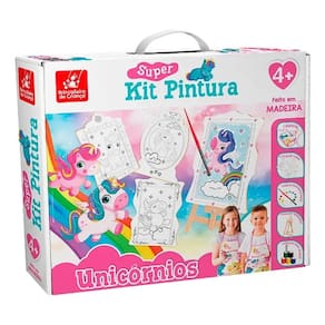 Super Kit Pintura Unicórnio C/ 4 Telas + Cavalete + 6 Tintas