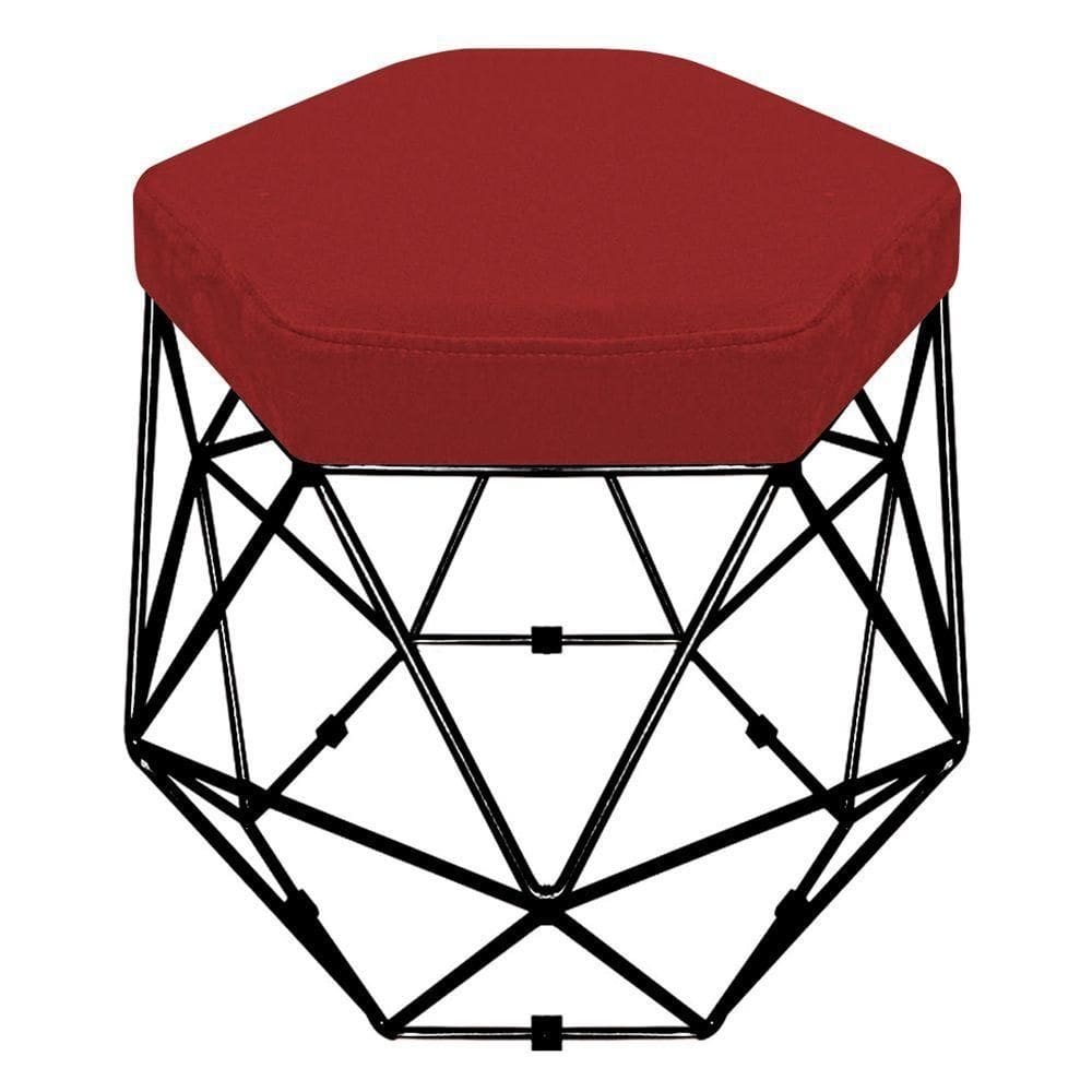 Puff Banco Aramado Hexagonal Preta Suede Vermelho