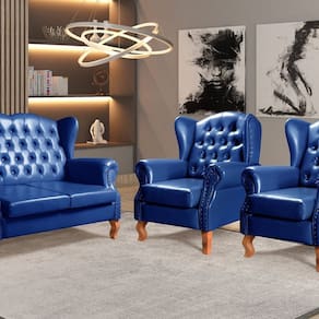 Conjunto Imperador Sofá com Poltronas Chesterfield Decoração Retrô Vintage Azul