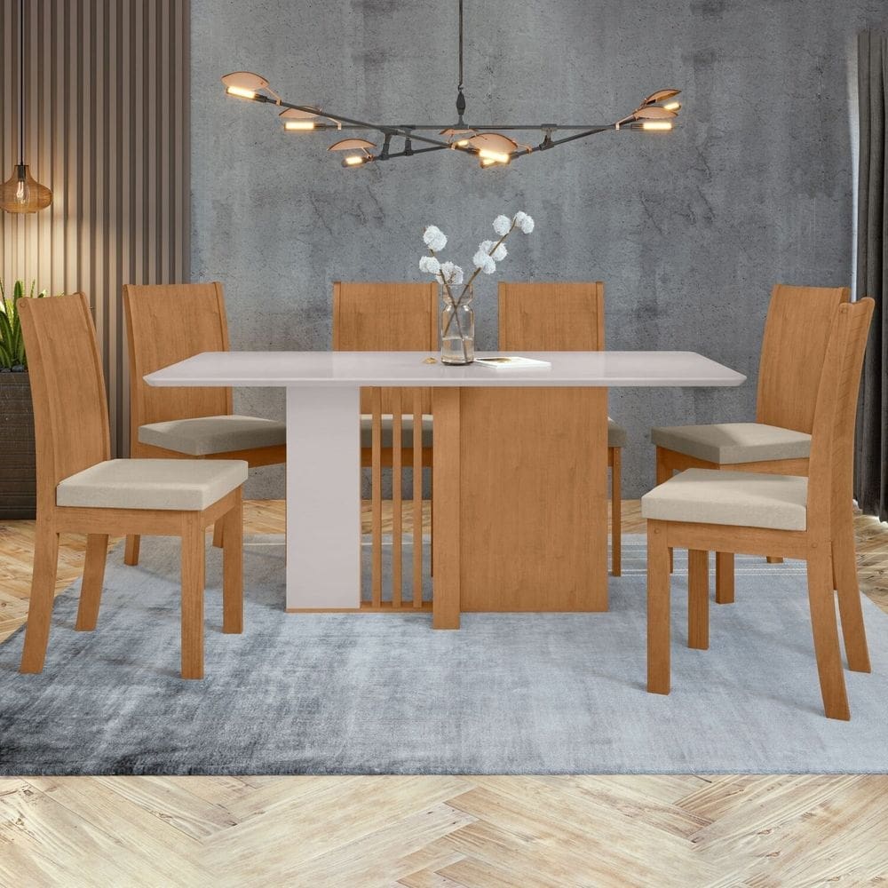 Conjunto Mesa 160cm Astrid com 6 Cadeiras Athenas Amêndoa Clean/Off White/Naturale Creme