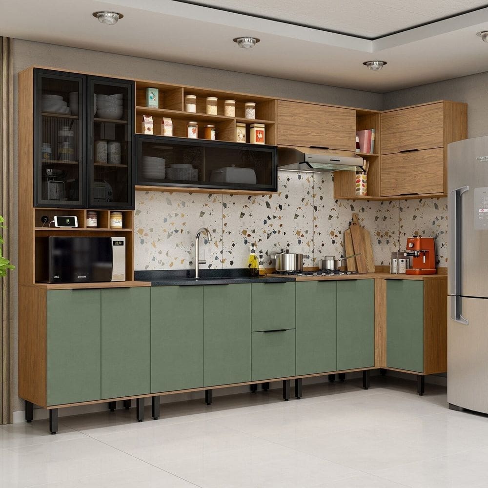 Cozinha Modulada Toscana 7 Peças Mdf com Paneleiro 1 Forno e Armários Canto Freijó/Jade