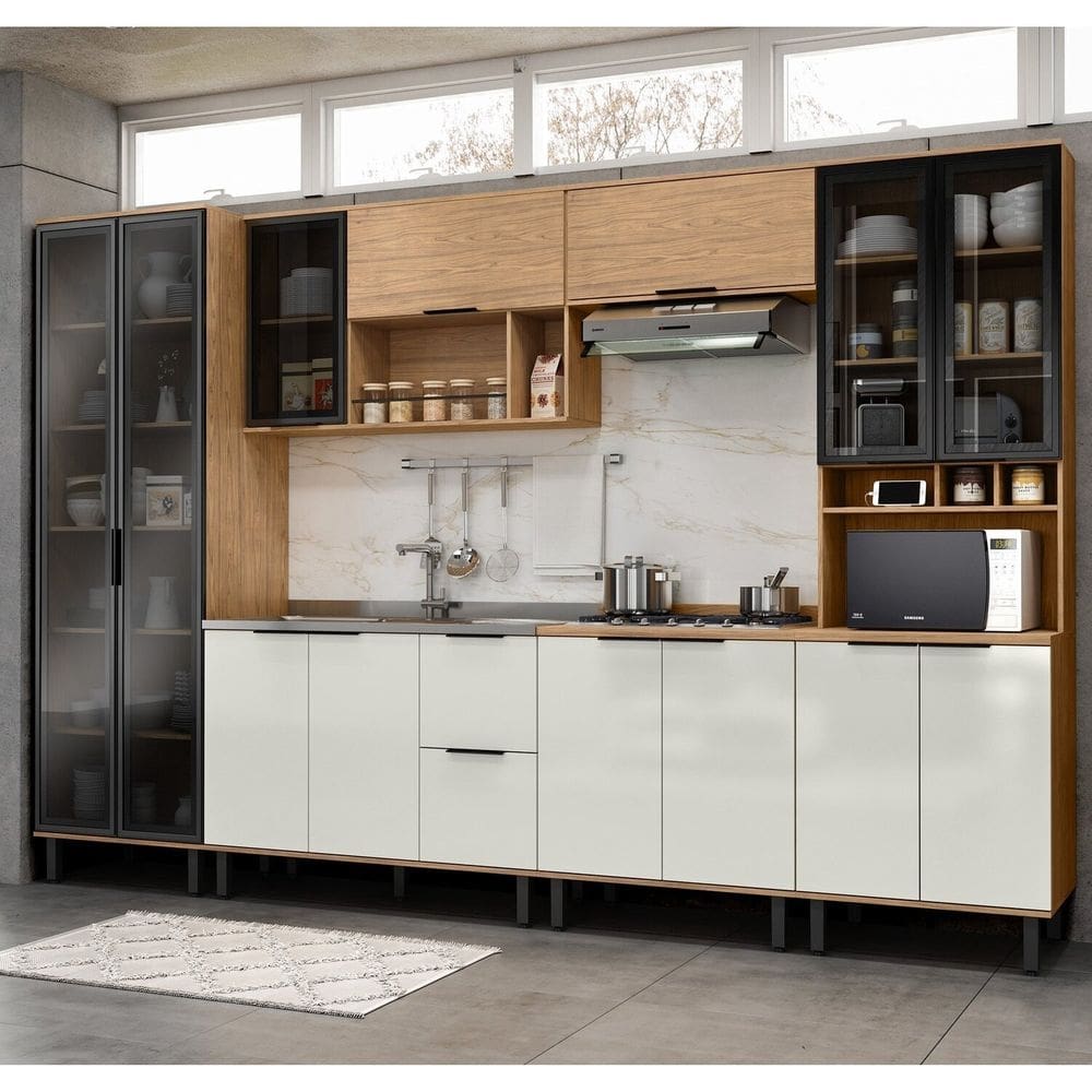 Cozinha Modulada Toscana 6 Peças MDF com Paneleiro 1 Forno e Cristaleira Freijó/Off White