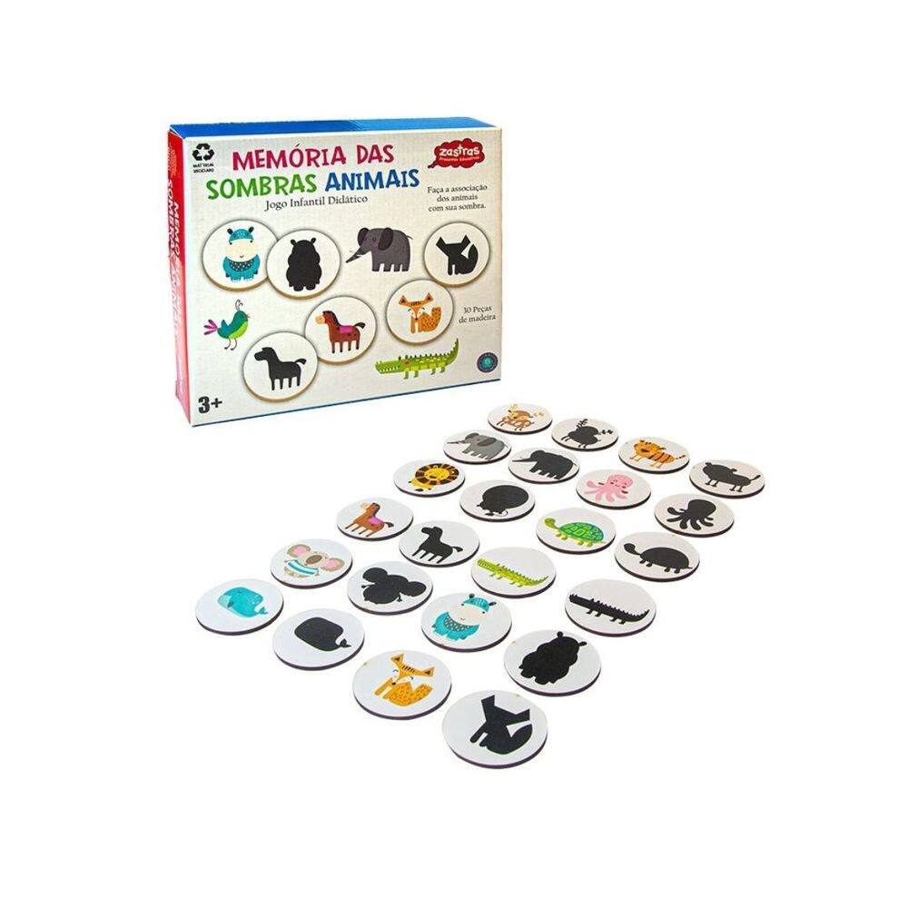Jogo de Memória das Sombras Animais Infantil Madeira Zastras