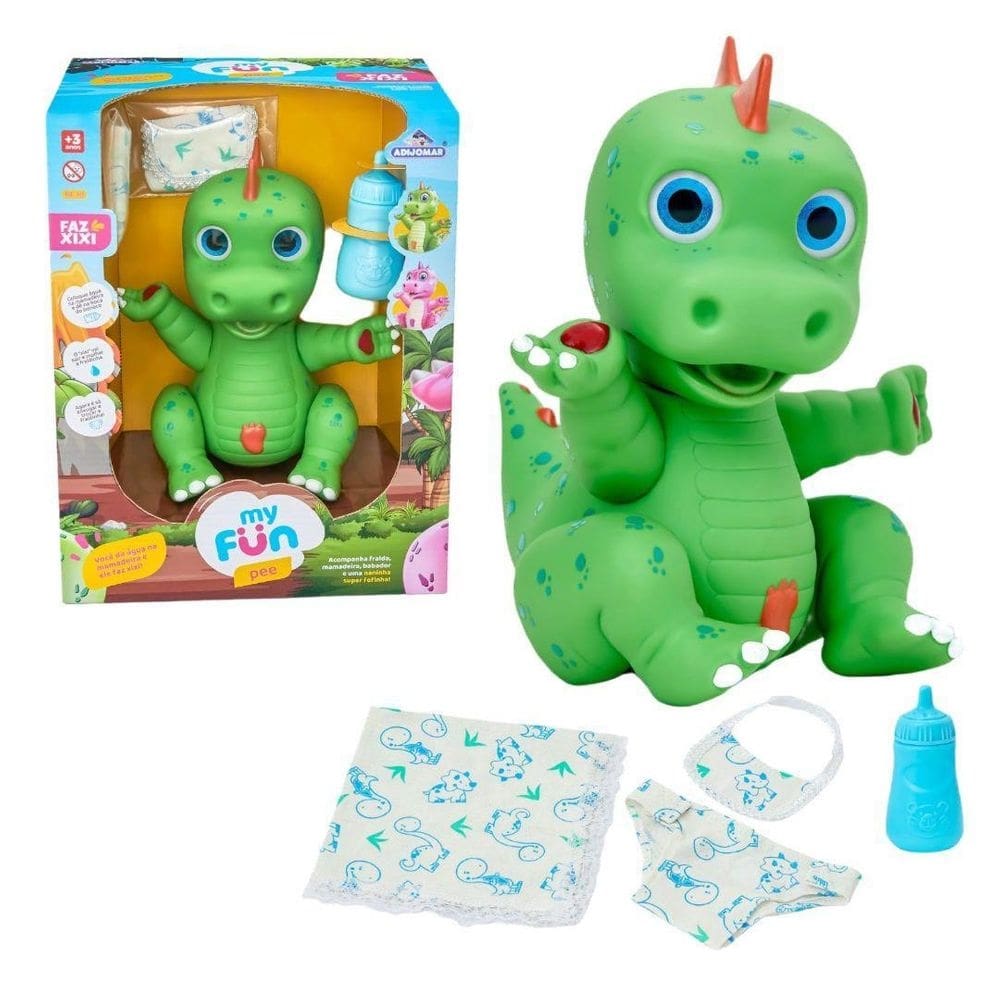 Boneco Dinossauro Faz Xixi Verde+Mamadeira Fralda E Babador
