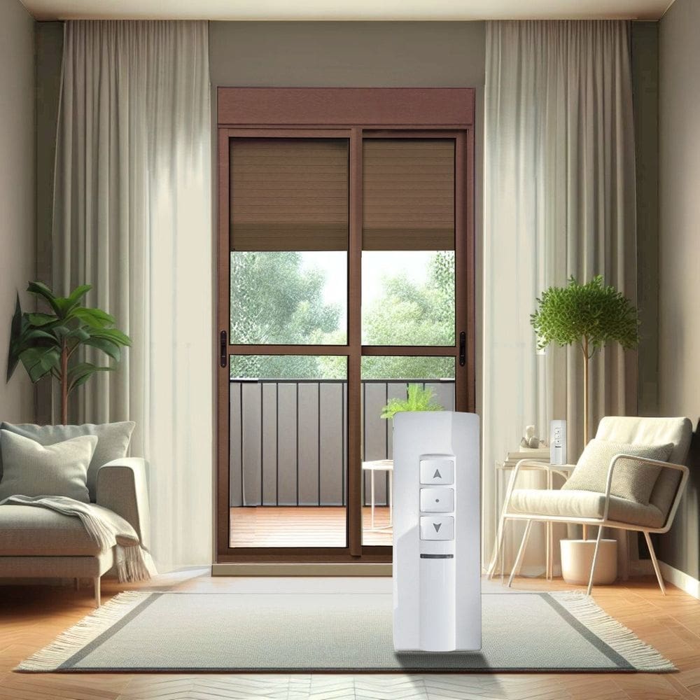 Porta de Correr com Persiana integrada Correr com Motor e Controle Remoto 2 Folhas Móveis 230 X 200 Corten