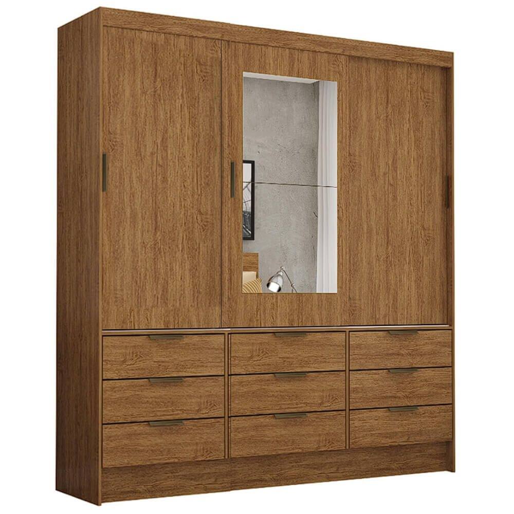 Guarda Roupa Sevilha Casal com Espelho 3 Portas 9 Gavetas Carioca Cor Cinamomo