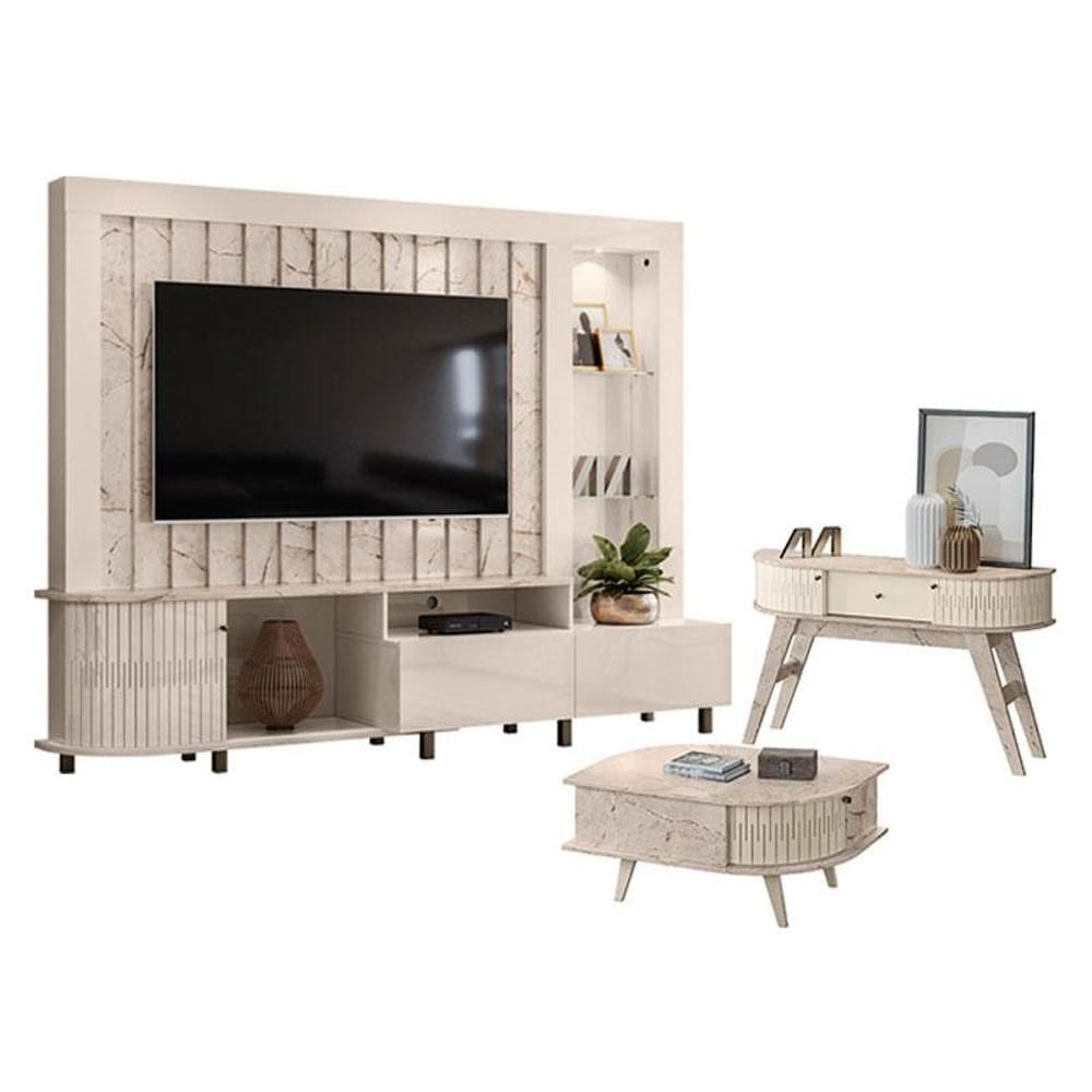 Estante Home Theater Le Mans com Aparador Estoril e Mesa de Centro Indianápolis Calacata Off White – Madetec