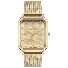 Relogio technos feminino dourado retangular quadrado aço