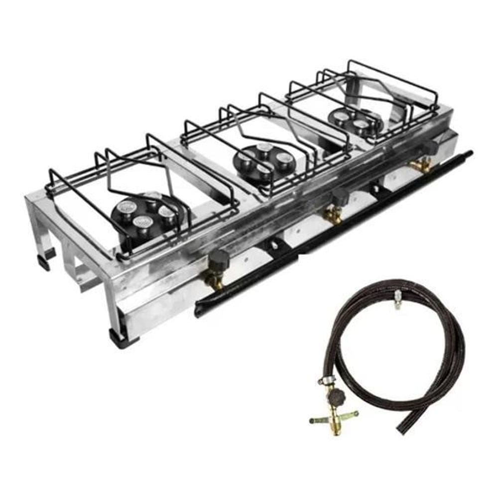 Fogão lx inox 3 bocas mesa semi industrial alta pressão roa