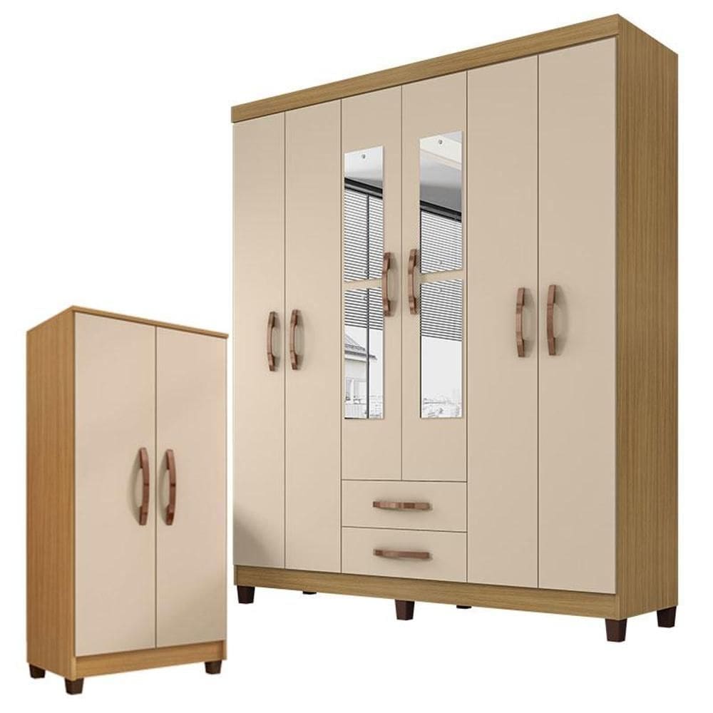 Guarda Roupa Casal Modena com Espelho e Armário Multiuso Recife Carvalho Americano Off White – Incorplac