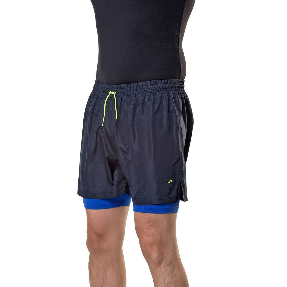 Short Running com Bermuda Interna Longa em Microfibra Leve - Marinho/Azul Royal