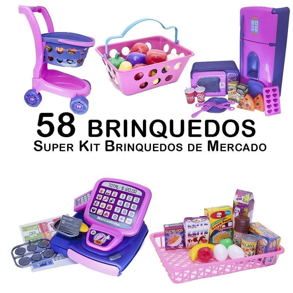 Kit infantil mercado caixa carrinho microondas cestinha 58pç