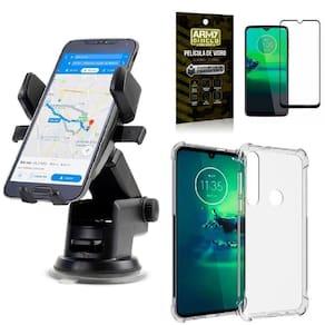 Capa moto g8 plus + suporte veicular automatic + película 3d