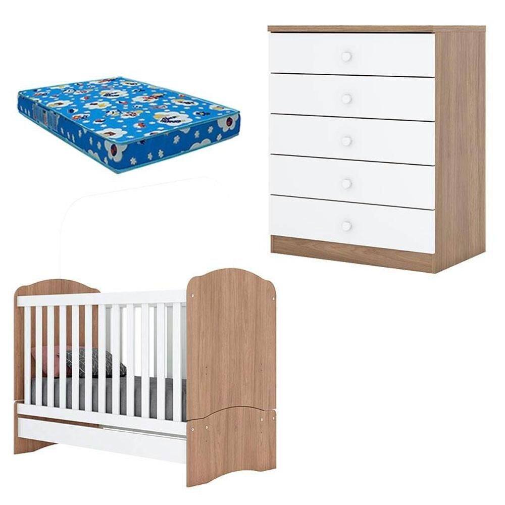 Berço Nacional Bala de Menta e Cômoda Infantil Pique-Esconde Rústico Branco com Colchão Ortobom – Henn