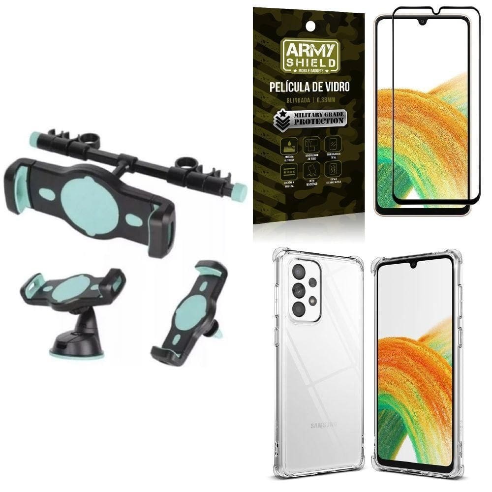 Capa samsung a33 5g + suporte veicular 3 em 1 + película 3d