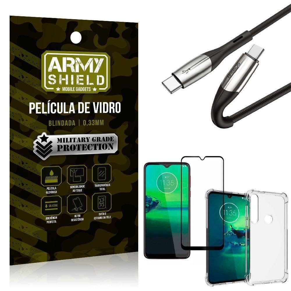Kit cabo 2 pontas tipo c moto g8 plus + capa + película 3d
