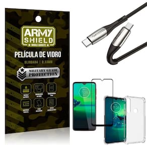 Kit cabo 2 pontas tipo c moto g8 plus + capa + película 3d