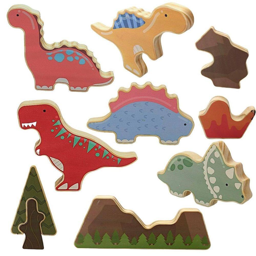 Brinquedo de dinossauro decoração de madeira kit com 5 tipos