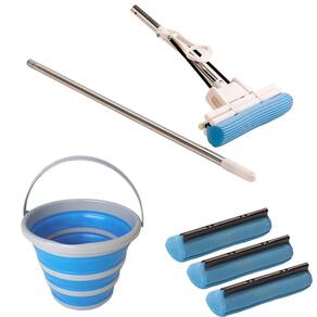 Kit rodo mágico mop c/ 3 refil limpa e seca e balde dobrável