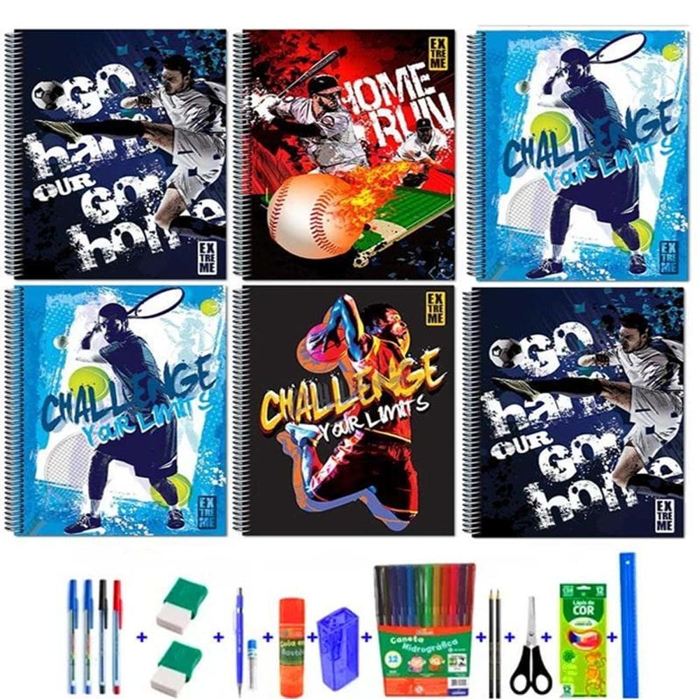 Kit caderno espiral esportes 80f capa dura + 38 acessórios