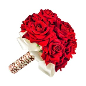 Buquê noiva rosas vermelhas cetim creme c/brilhos vermelhos