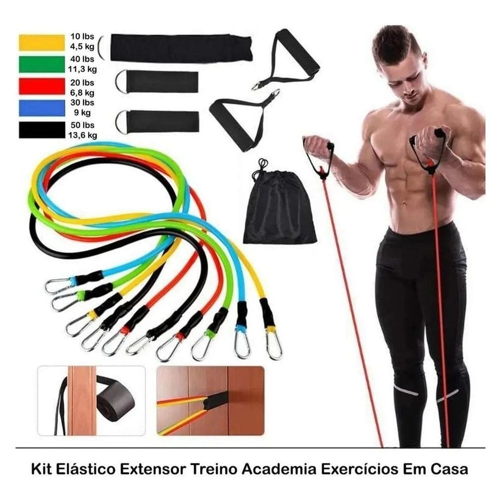 Kit elástico extensor 11 itens musculação funcional em casa
