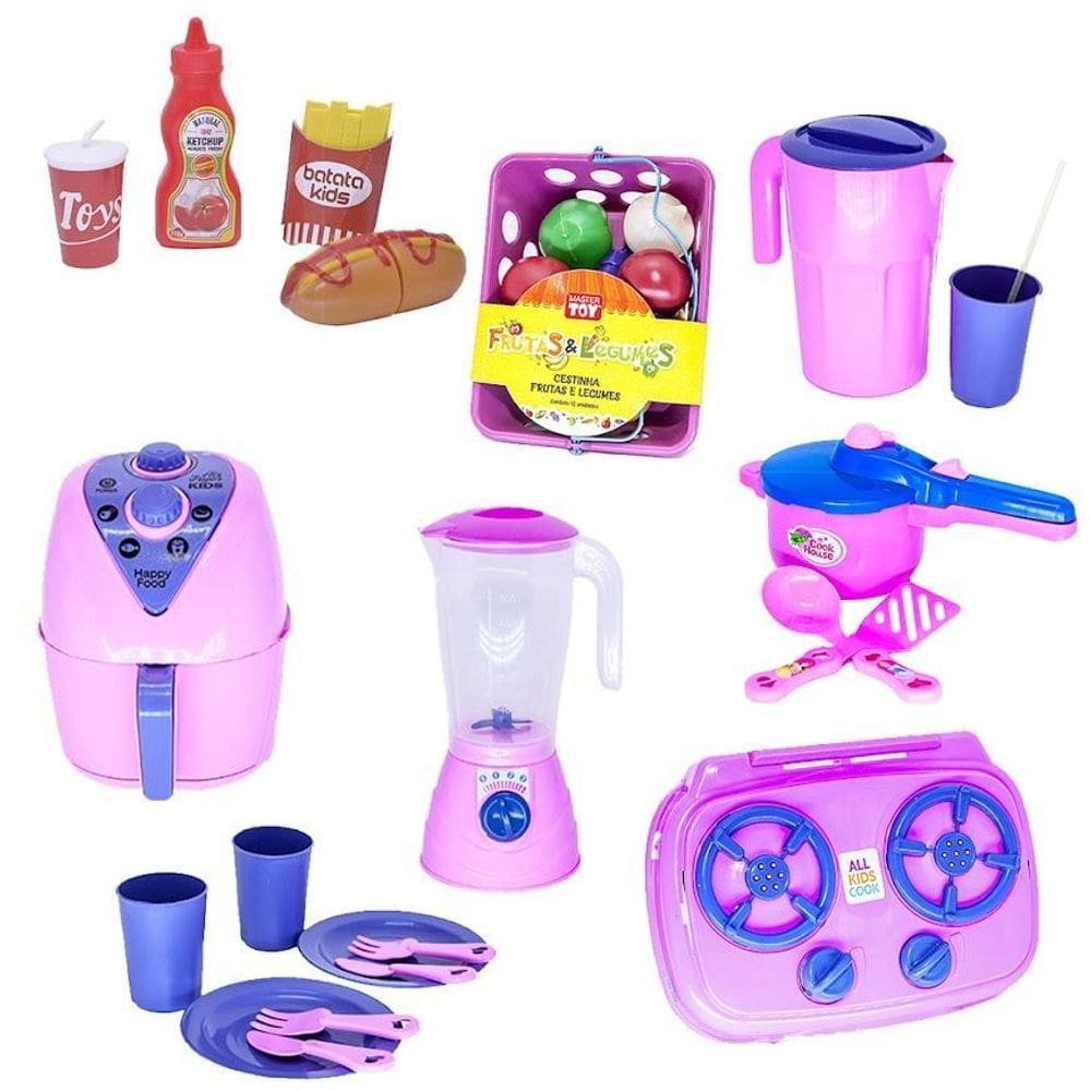 Cozinha menina brinquedo cooktop air fryer mercadinho 34pç