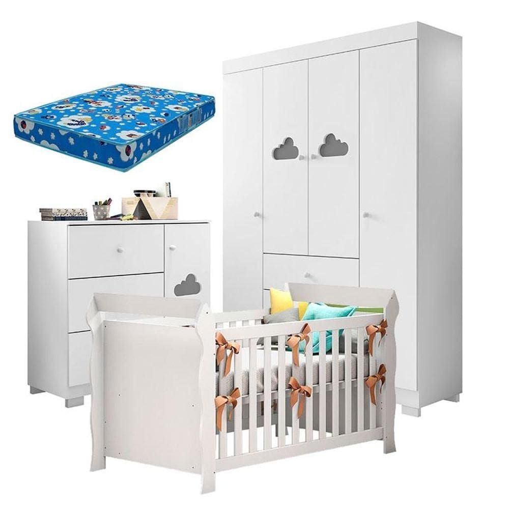 Quarto de Bebê Ane com Berço Americano Lara Branco Brilho com Colchão Ortobom – Phoenix Baby